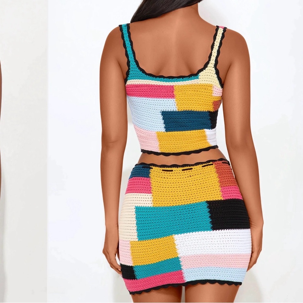 Colorblock Crochet Two-Piece Set. Skirt & Top. Multicolor - Picture 2 of 4